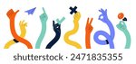 Comic flexible hands. Long color arms, curved limbs holding different elements, various finger gestures, signs and symbols. Thumb finger up and ok. Tidy vector cartoon flat isolated set