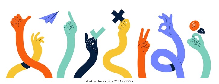 Manos flexibles. Brazos largos de color, extremidades curvadas que sostienen diferentes Elementos, varios gestos de dedos, signos y símbolos. Pulgar el dedo hacia arriba y bien. Conjunto aislado plano de dibujos animados Vector ordenado