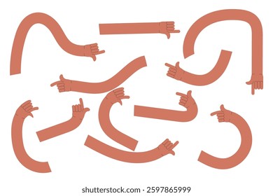 Comic flexible hands. Long color arms, curved limbs holding different elements, various finger gestures, signs and symbols. Thumb finger up and ok. Tidy vector cartoon flat isolated set in eps 10.