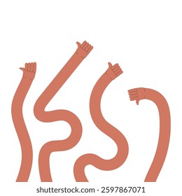 Comic flexible hands. Long color arms, curved limbs holding different elements, various finger gestures, signs and symbols. Thumb finger up and ok. Tidy vector cartoon flat isolated set in eps 10.