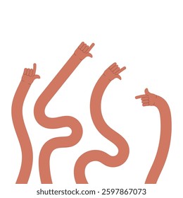Comic flexible hands. Long color arms, curved limbs holding different elements, various finger gestures, signs and symbols. Thumb finger up and ok. Tidy vector cartoon flat isolated set in eps 10.