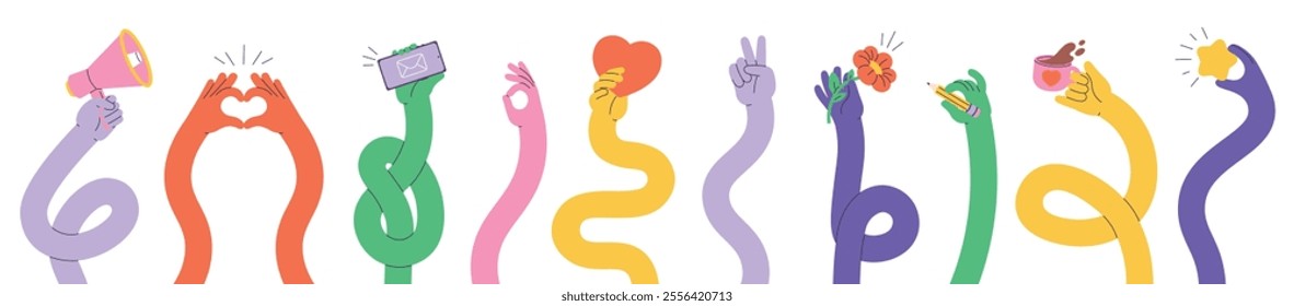 Comic flexible hands. Multicolored long stretched arms holding smartphone, megaphone, heart, cup of coffee, flower. Various gestures racy vector elements