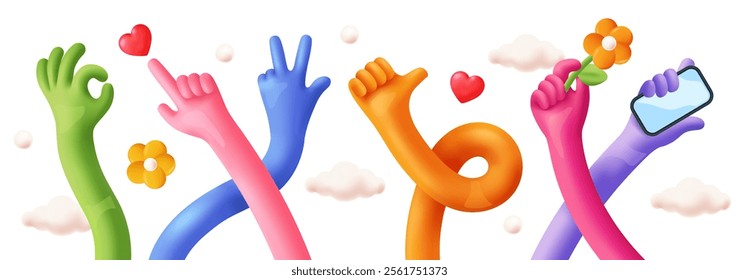 Comic flexible hands set. Long 3D multicolored arms holding different objects and showing various finger gestures. Curved stretched limbs or palms. Realistic vector illustration in plasticine style