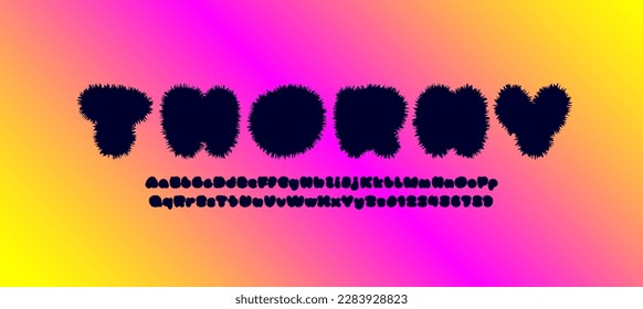 Comic fluffy font alphabet in the fur cartoon style, soft fur letters and numbers, vector illustration 10EPS