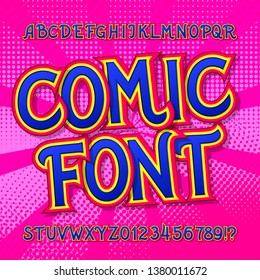 Comic font. Comics and pop art style alphabet. Colorful funny letters and numbers on a halftone background. Stock vector kids typescript for your design.