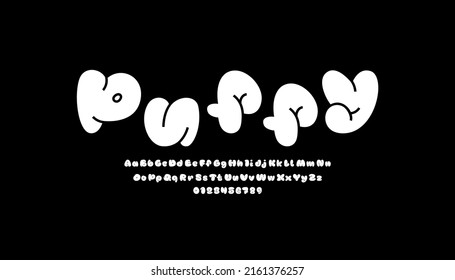 Comic font, cute alphabet in the cartoon style, white uppercase and lowercase italic letters and numbers