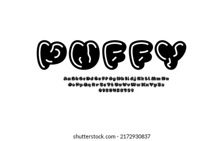 Comic font, cute alphabet in the cartoon style, black uppercase and lowercase letters and numbers