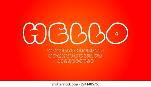 Comic-Schrift, gezeichnet nach Linien, Alphabet im Cartoon-Stil, lateinische Großbuchstaben und arabische Zahlen