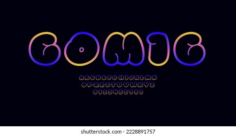 Comic font drawn by outline, alphabet in the cartoon style, uppercase bright Latin letters from A to Z and Arab numbers from 0 to 9