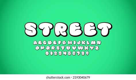 Comic font, puffy alphabet in the cartoon style, uppercase and lowercase letters and numbers