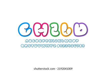 Comic font, round alphabet in the cartoon style, letters and numbers