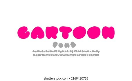 Comic font, simple alphabet in the cartoon style, pink letters and numbers