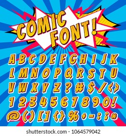 Comic font vector cartoon alphabet letters in pop art style and alphabetic text icons for typography illustration alphabetically typeset of abc and numbers on popart background