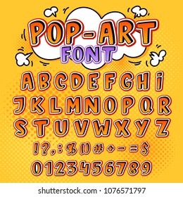 Comic font vector cartoon alphabet letters in pop art style and alphabetic text icons for typography illustration alphabetically popart typeset of abc and numbers background