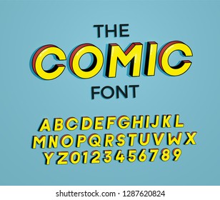 The Comic font. Vector illustration 3d design. Letters and numbers design with super heroes comic book effect