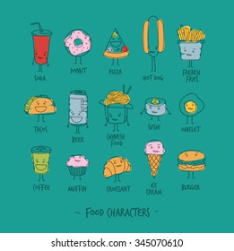 Comic food characters drawing with flat lines and color paint on turquoise background