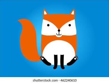 Comic fox cub sitting, with thick tail and thin legs on a blue gradient background - vector illustration.