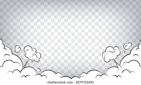 Comic frame background. Cartoon puff cloud frame on transparent background. Boom, pow effect. Explosion with puffs of smoke in cartoon style.