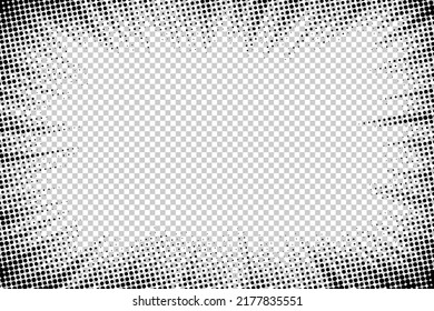 Comic frame. Halftone cartoon border. Pop art dot. Attention pattern. Faded texture. Black line isolated on transparent background. Anime lines design for prints. Grunge dots. Vector illustration