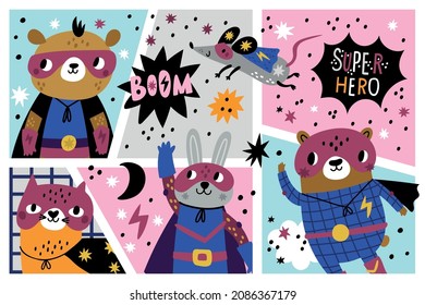 Comic frames with animals superheroes. Cute cartoon characters in masks and capes, forest wildlife in comics style design, cat and fox, rabbit and mouse in heroic
