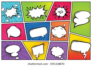 Comic frames with speech bubbles. Talk balloons with pop art backdrop in frames. Superhero explosion magazine texture. Retro vector templates with empty or blank dialog clouds for text