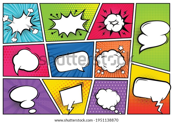Comic frames with speech bubbles. Talk balloons with\
pop art backdrop in frames. Superhero explosion magazine texture.\
Retro vector templates with empty or blank dialog clouds for\
text