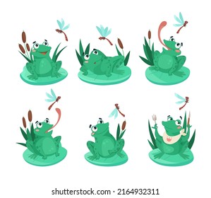 Comic frog catching dragonfly vector illustrations set. Funny aquatic animal cartoon character sitting on lily leaf in swamp isolated on white background. Nature, wildlife concept