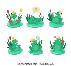 Comic frog with gold crown vector illustrations set. Green toad king cartoon character sitting or lying on leaf, looking at mirror or photo frame isolated on white background. Nature, wildlife concept