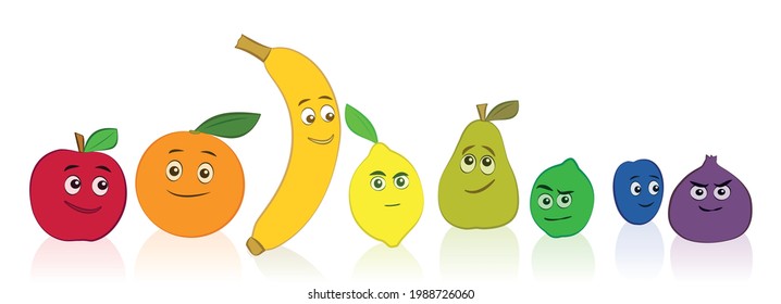 Frutos cómicos, conjunto de color arcoiris con caras sonrientes y graciosas. Ilustración vectorial aislada sobre fondo blanco: Apple, naranja, banana, limón, pera, lima, ciruela e higo.
