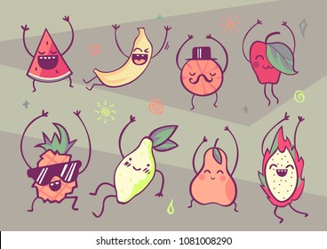 Comic fruits set in cartoon style, vector illustrations in pastel colours