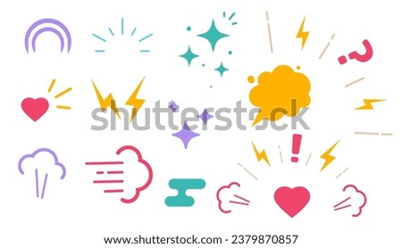 Comic funny cartoon elements icons vector graphics set, angry happy fear surprise wow humor symbols, magic dreams spark sound flat, worry danger caution explosion blast, chat bubble speech image