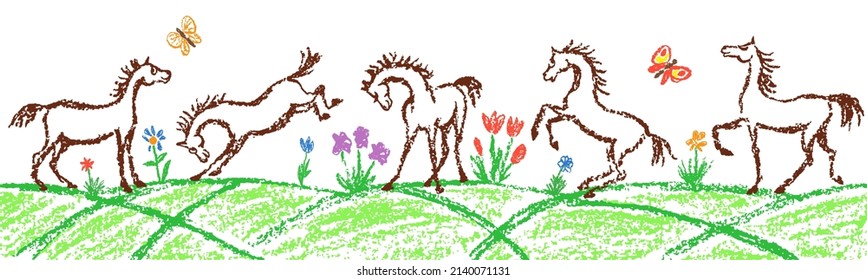Comic funny horse set. Seamless border background. Crayon kids hand drawn cute pony on grass flower. Crayon or pencil pastel chalk cartoon doodle vector art character. Smiling simple pet on meadow