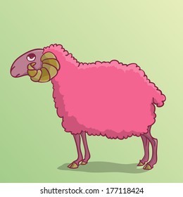 Comic funny serious pink sheep. Vector illustration.