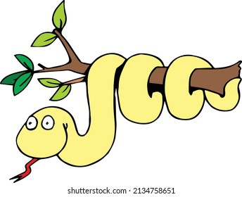 Comic funny snake wood forest animal wild life tree branch zoo creature creepy viper poison jungle cartoon tongue cute colors colorful yellow red black white green leaf brown 