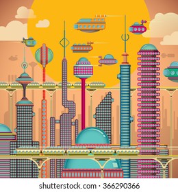 Comic futuristic city. Vector illustration.