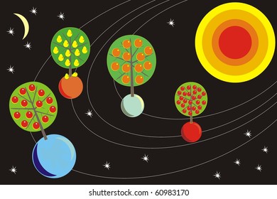 Comic futuristic picture of fruit garden on the planets of the solar system