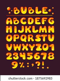 Letra de juegos de historietas letra de niños letras de dibujos animados tipos de burbuja. Coloridas letras en minúsculas de un alfabeto con glint. Letras brillantes para inscripciones tipográficas, números, signos para ilustración vectorial de niños