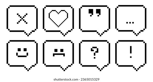 Comic game speech cloud vector pixel art. Balloon talk message with sad and happy smile, dot, quote and exclamation mark. Retro chat bubble icon frame isolated thought template illustration 