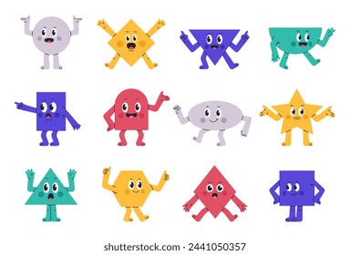 Comic geometric characters. Adorable geometric figures, funny circle, star, rectangle and rhombus with funny emotions flat vector illustration set. Cute geometric shapes