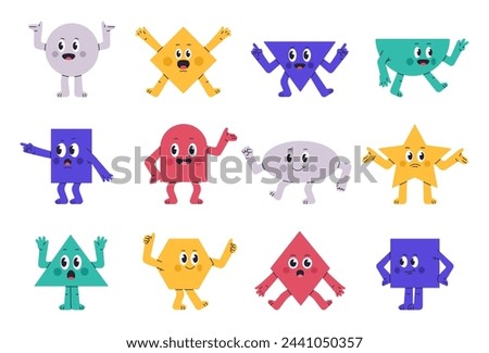 Comic geometric characters. Adorable geometric figures, funny circle, star, rectangle and rhombus with funny emotions flat vector illustration set. Cute geometric shapes