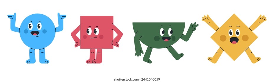 Comic geometric characters. Cute shapes mascots with funny faces, square, triangle and circle figures with different emotions flat vector illustration set. Funny geometric shapes