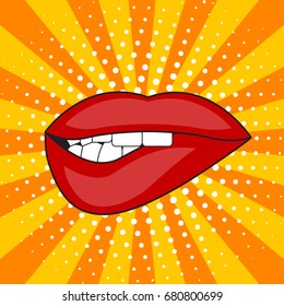 comic girl was biting her lip. vector pop art illustration with halftone and rays.