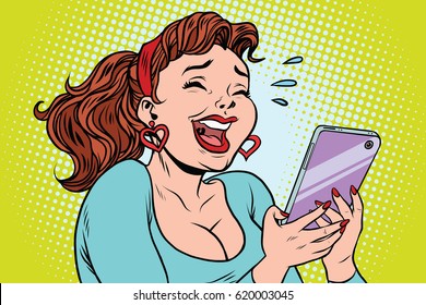Comic girl laughing to tears reading a smartphone