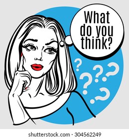 Comic girl with speech bubble. Pop Art Woman sign