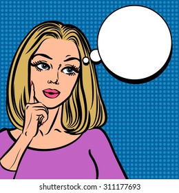 Comic girl with speech bubble. Pop Art Woman sign
