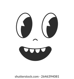 Comic glad face, cartoon retro character of 70s.