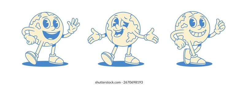 Globo de cómic Tierra planeta personaje de dibujos animados sonriente conjunto contorneado Vector plana ilustración. Positivo feliz minimalista global educación de viaje naturaleza ecología ambiente mascota saludo bienvenida cool