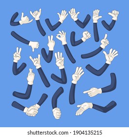 Comic gloved arms set. Comic retro hands in gloves hand character shows gestures relax, call me, stop, class, peace, ok, fist, attention, handshake, showing numbers symbol doodle thin line vector svg