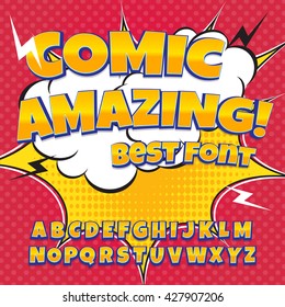 Comic gold alphabet set. Letters, numbers and figures for kids' illustrations, websites, comics, banners.