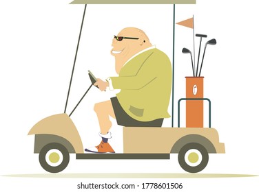 Comic golfer man in the golf cart illustration. Cartoon smiling fat bald-headed man in sunglasses is going to play golf in the golf cart isolated on white
